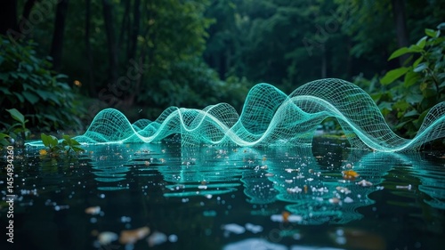 Cyan and green gradient wireframe floating on virtual pond with particle reflections and copyspace