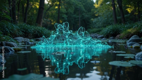 Dynamic cyan wireframe structure floating on serene pond with glowing particle reflections and copyspace
