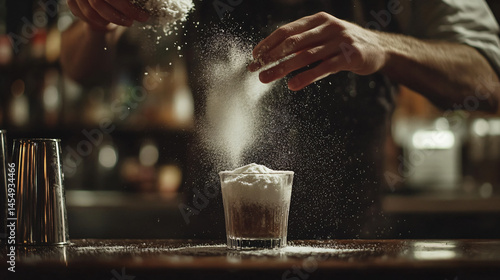 A bartender dusting a cocktail with powdered sugar or cocoa.