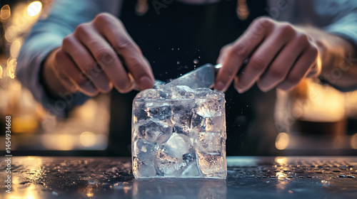 A bartender elegantly carving a large ice cube for a cocktail.