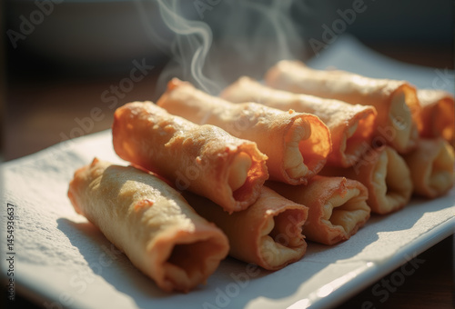 Freshly fried spring rolls draining on a white paper
