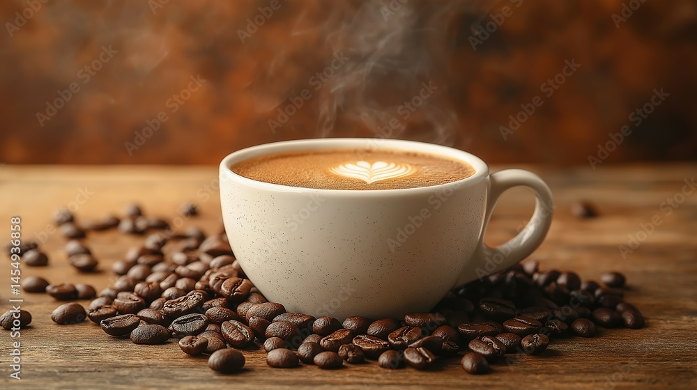 Fototapeta premium Steaming white coffee cup with spilled roasted beans, evoking warmth and rich aroma of freshly brewed coffee.