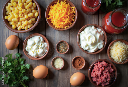 Food image from above of cooking ingredients on a rustic wooden table