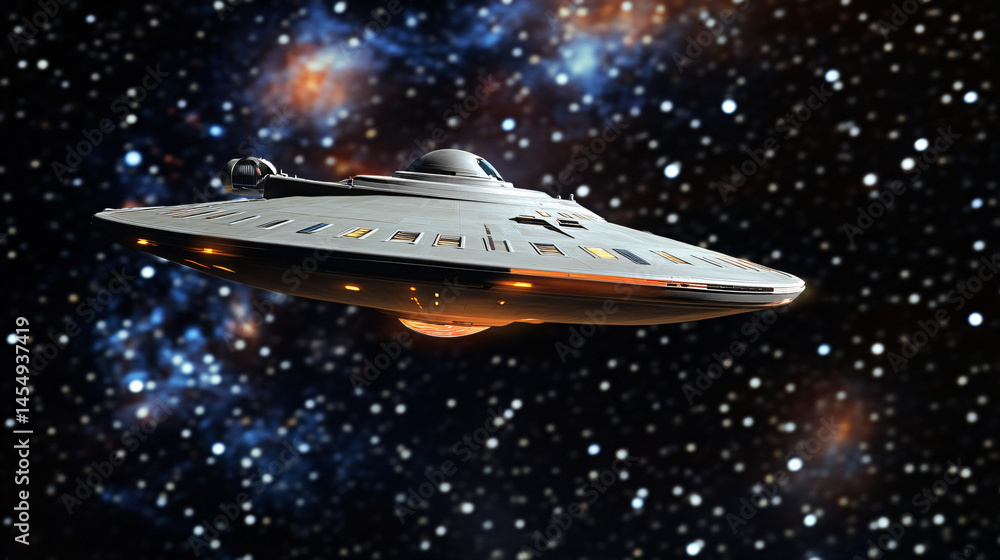 Obraz premium Futuristic research craft exploring a distant galaxy.