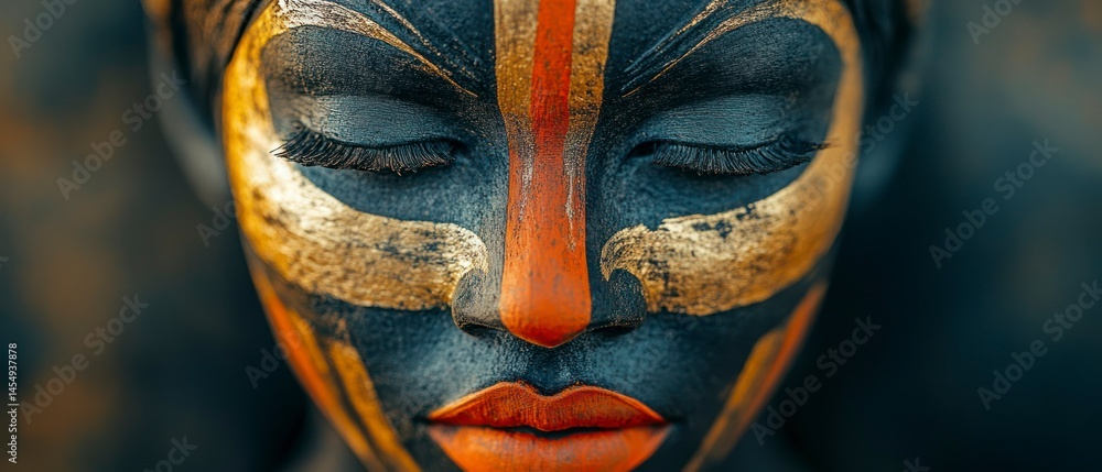 Woman with elaborate face paint closes her eyes, expressing tranquility through symbolic adornment. Woman with elaborate face paint closes her eyes, expressing tranquility through symbolic adornment.