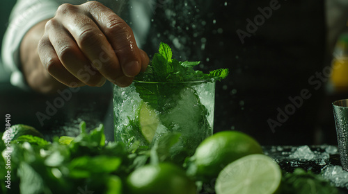 A bartender preparing a mojito with fresh mint and lime.