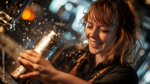 A bartender skillfully shaking a cocktail with a metal shaker.