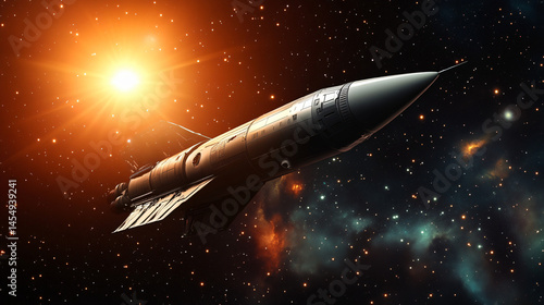 Futuristic spaceship in deep space near a bright star.