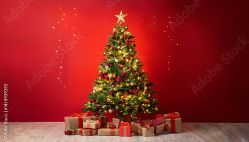 decorated christmas tree with lights and gifts on red background