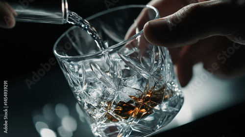 A bartender stirring a whiskey cocktail in a crystal mixing glass.