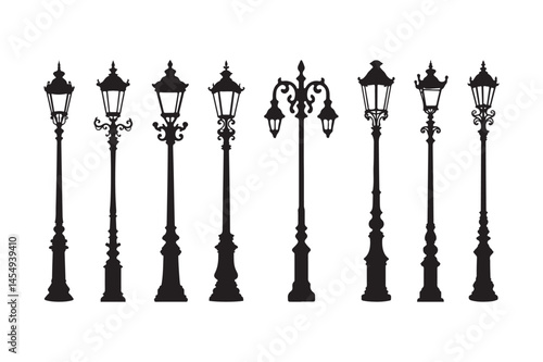 Vintage Street Lamp Post Silhouettes Collection Decorative Vector Set