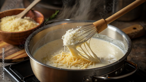 Making a creamy sauce in a saucepan with a wooden spoon