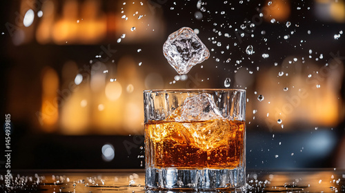 A bartender tossing an ice cube into a whiskey glass.