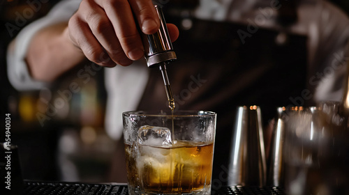 A bartender using a dropper to add bitters to a craft cocktail.