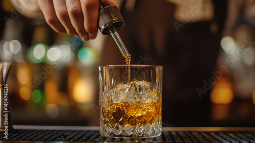 A bartender using a dropper to add bitters to a craft cocktail.