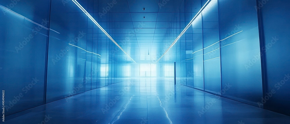 Fototapeta premium Corridor extends forward, defined by sleek, modern architecture showcasing sterile, glossy finish.