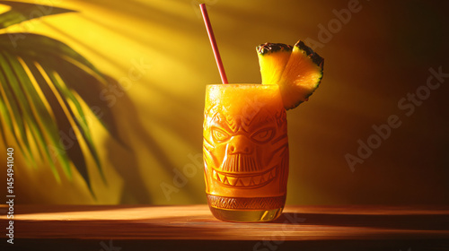 A bright tropical fruit cocktail served in a tiki glass with a straw.