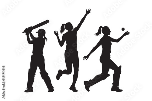 Women Cricket Silhouette Vector Set Female Sports Player Clipart Icons