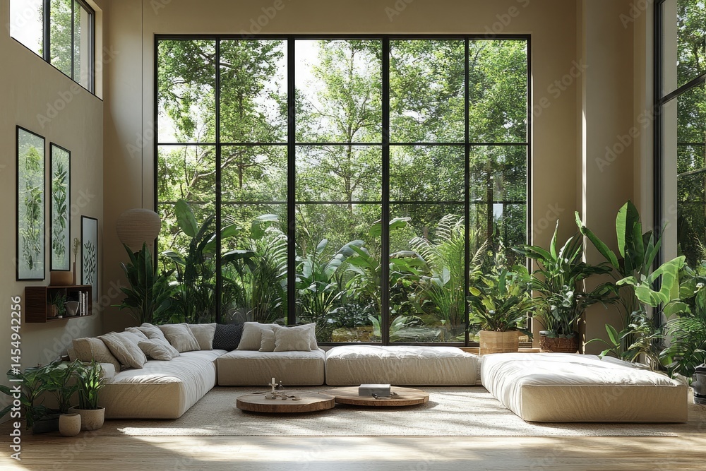 Spacious living room with panoramic jungle views. Spacious living room with panoramic jungle views.