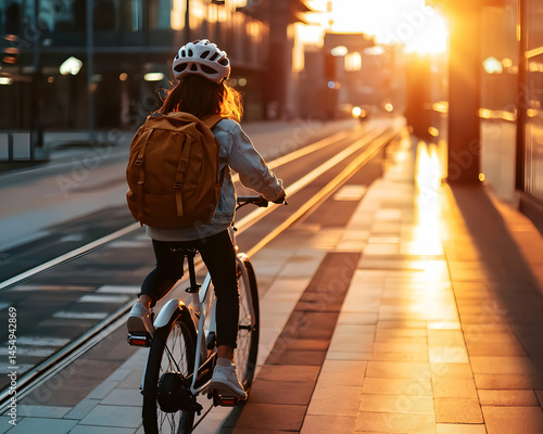 A person rides a bicycle with a backpack and helmet. It is a sunny day with a bright setting sun. This could be a bike commute to work or leisure.