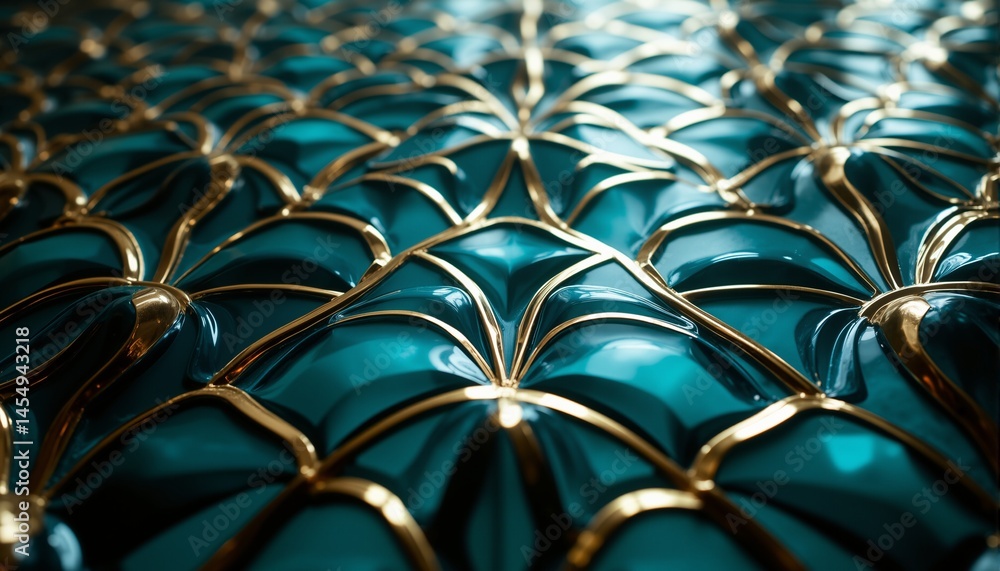 Obraz premium Geometric Chrome Teal Pattern – Opulent Art Deco Design, Low Angle Perspective