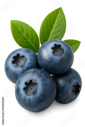 Fresh Blueberries With Green Leaves Arranged on a White Background Showing Th...