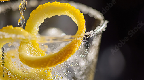 A close-up of a cocktail being garnished with a citrus peel twist.