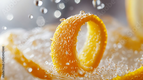 A close-up of a cocktail being garnished with a citrus peel twist.