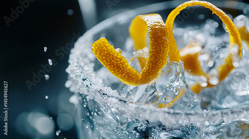 A close-up of a cocktail being garnished with a citrus peel twist.