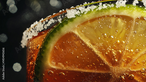 A close-up of a margarita cocktail with a salted rim and lime wedge.