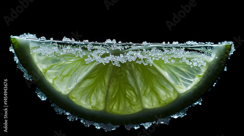 A close-up of a margarita cocktail with a salted rim and lime wedge.