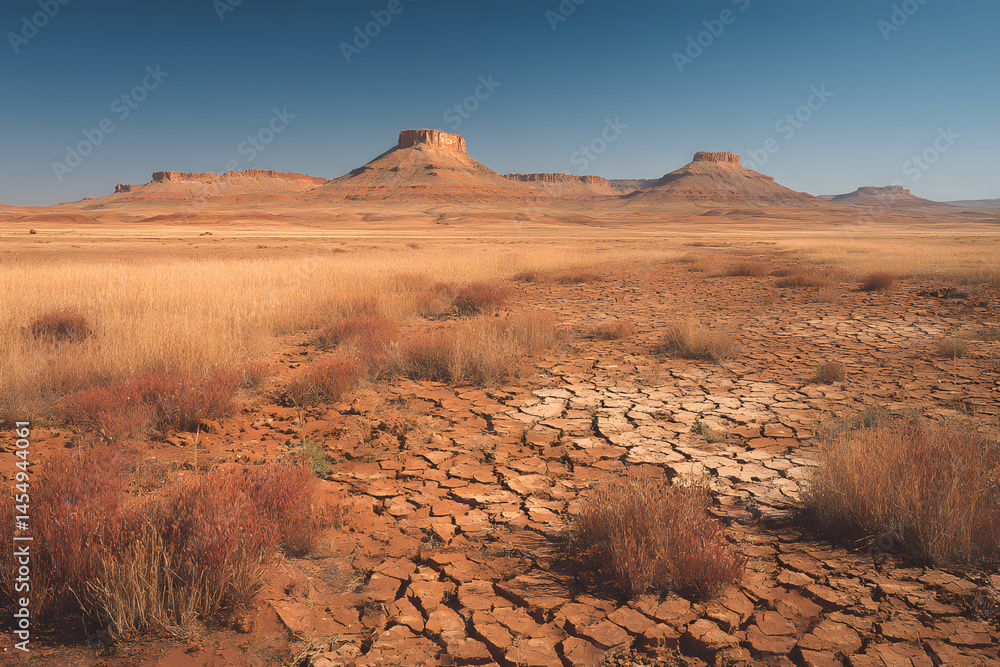 Fototapeta premium Cracked Earth and Distant Peaks: A vast, sun-drenched expanse of cracked earth stretches towards distant sandstone buttes, a testament to the harsh beauty of a dry, arid landscape. 