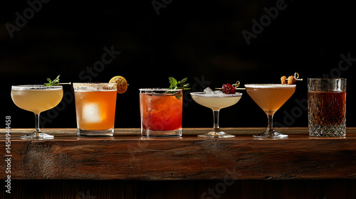A collection of vibrant cocktails displayed on a rustic wooden bar.