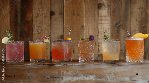 A collection of vibrant cocktails displayed on a rustic wooden bar.