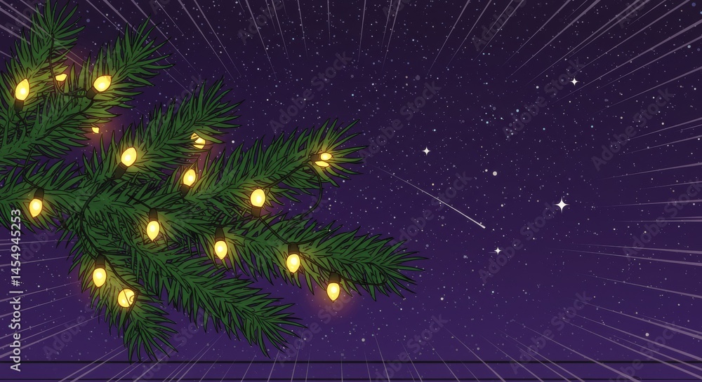 Christmas tree branch with glowing lights against a starry night sky
