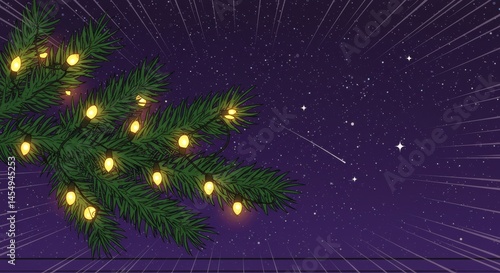 Obraz na płótnie Christmas tree branch with glowing lights against a starry night sky w salonie