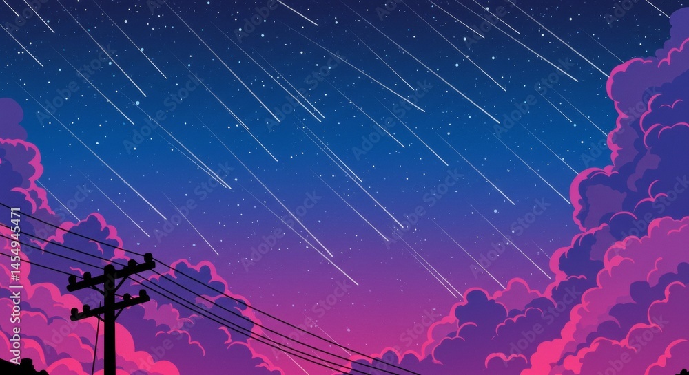 Stunning night sky background with shooting stars and colorful clouds