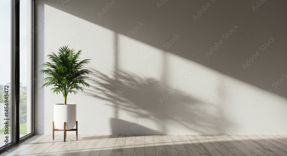 Modern interior with a potted plant casting shadows on a wall