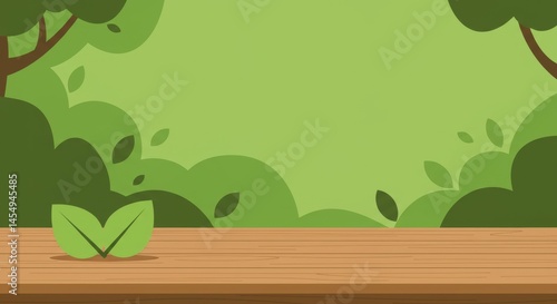 Vibrant green background with leaves and wooden table for nature themes