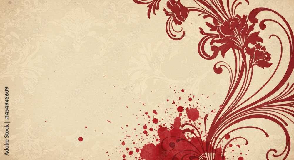 Elegant floral background design with intricate red patterns and textures