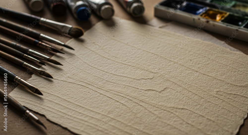 Artistic workspace with paintbrushes and watercolor tubes on textured paper