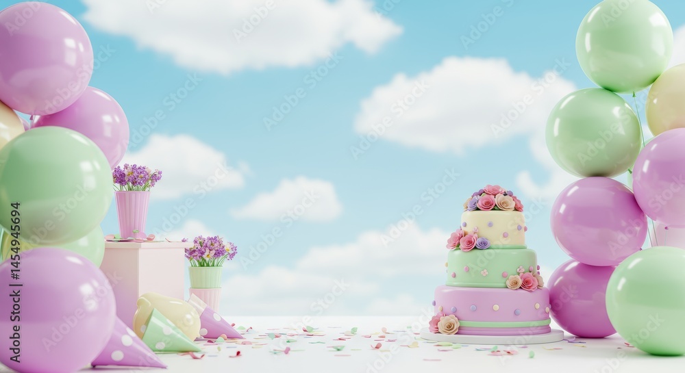 Colorful birthday cake surrounded by balloons and flowers against sky