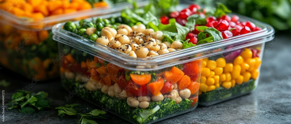 Prepared salads, arranged beautifully in clear containers, showcase layers of fresh ingredients ready for convenient healthy meals. Prepared salads, arranged beautifully in clear containers, showcase layers of fresh ingredients ready for convenient healthy meals.