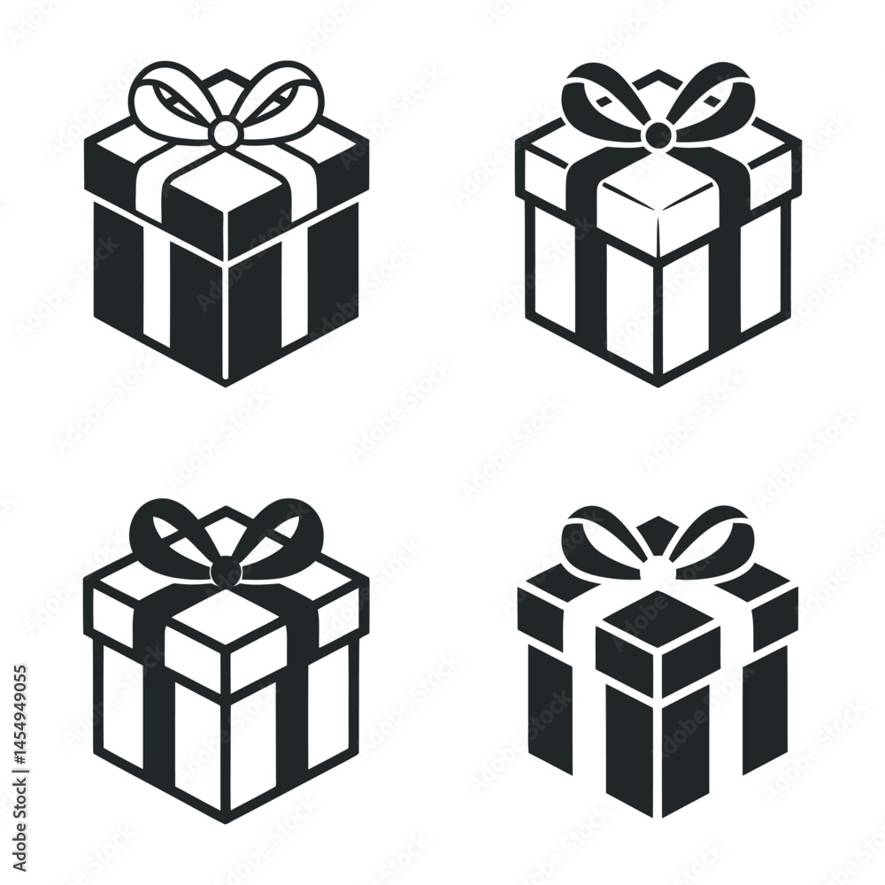Obraz premium Four isometric gift box icons with ribbon bows present graphic design elements