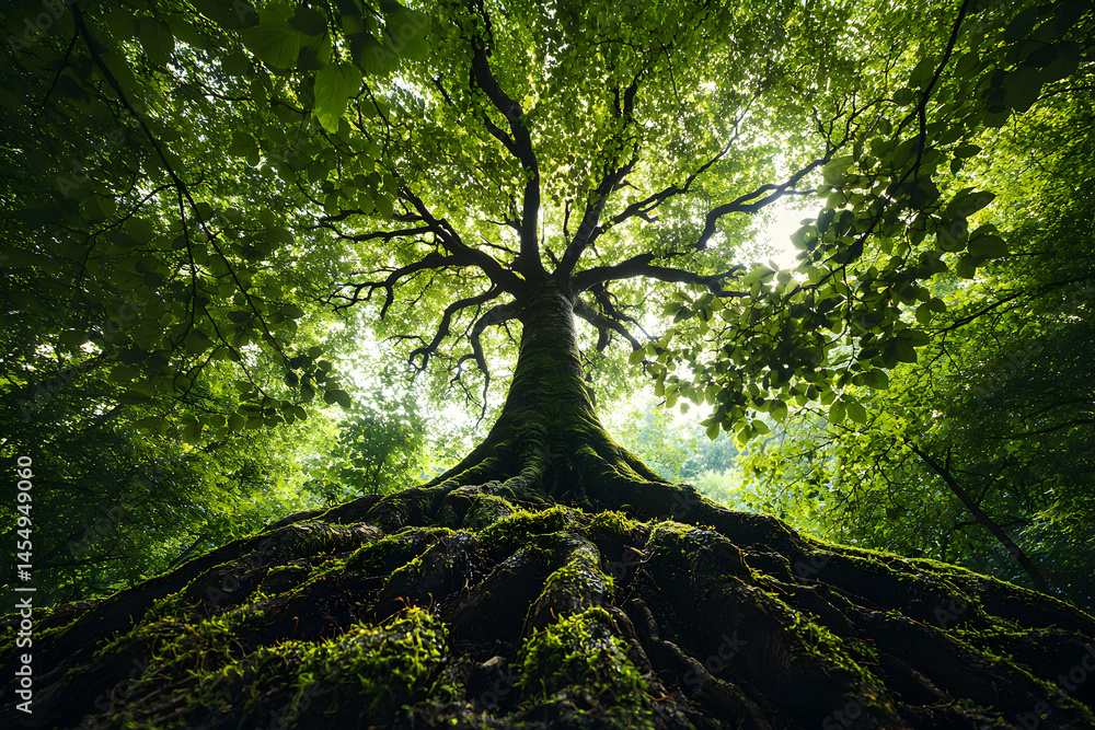 Naklejka premium A majestic tree reaches towards the sky. This image is perfect for environmental campaigns or artistic projects depicting nature's strength and beauty.