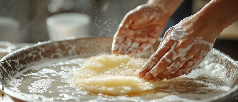 Fototapeta premium Hands manipulate noodles during food preparation, showcasing expertise in culinary arts.