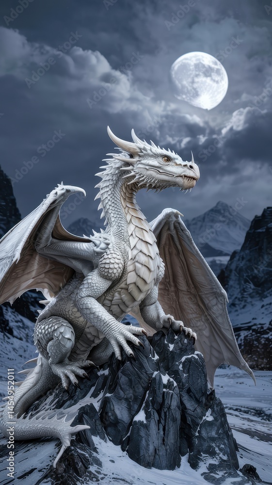 Fototapeta premium Majestic white dragon on snowy peak under full moon in dramatic night sky