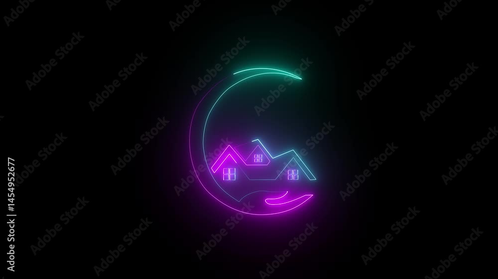 Neon hand icon holding home symbol . Open giving hand with country house icon. with black background.. Neon hand icon holding home symbol . Open giving hand with country house icon. with black background..