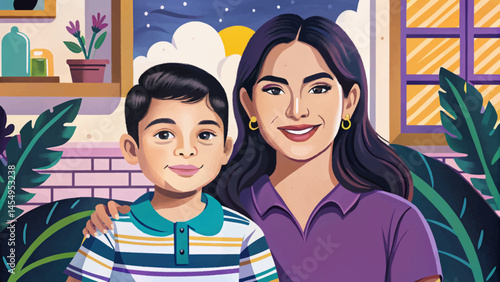 portrait of a young Hispanic mother with her son, smiling and sharing a loving family moment. Ideal for parenting, Latino family lifestyle vector, motherhood, and cultural connection themes