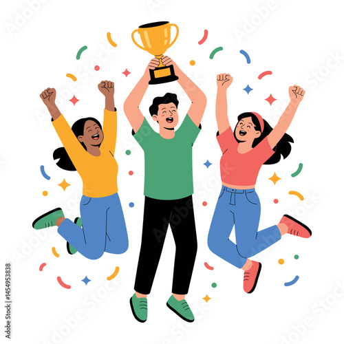 Joyful Diverse Team Celebrating Victory with Golden Trophy